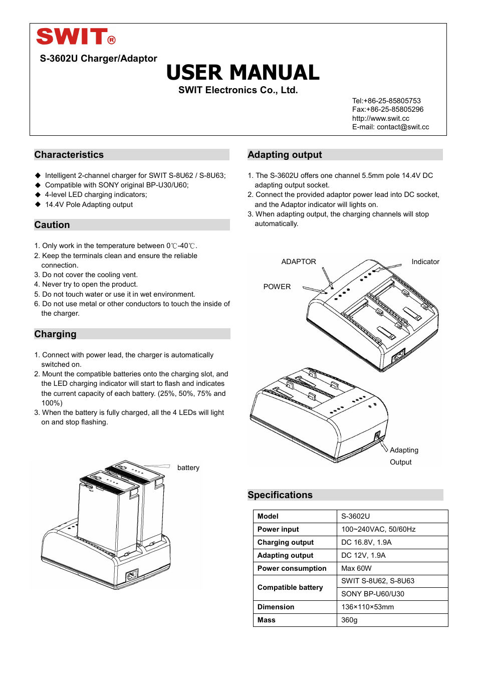 SWIT Electronics S-3602U User Manual | 1 page