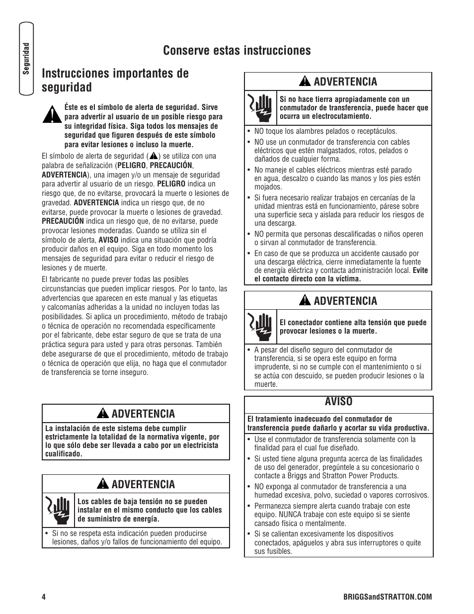 Instrucciones importantes de seguridad, Conserve estas instrucciones, Advertencia | Aviso | Briggs & Stratton NEMA 3R User Manual | Page 20 / 40