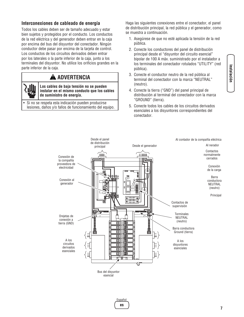 Advertencia, Interconexiones de cableado de energía | Briggs & Stratton NEMA 3R User Manual | Page 23 / 40