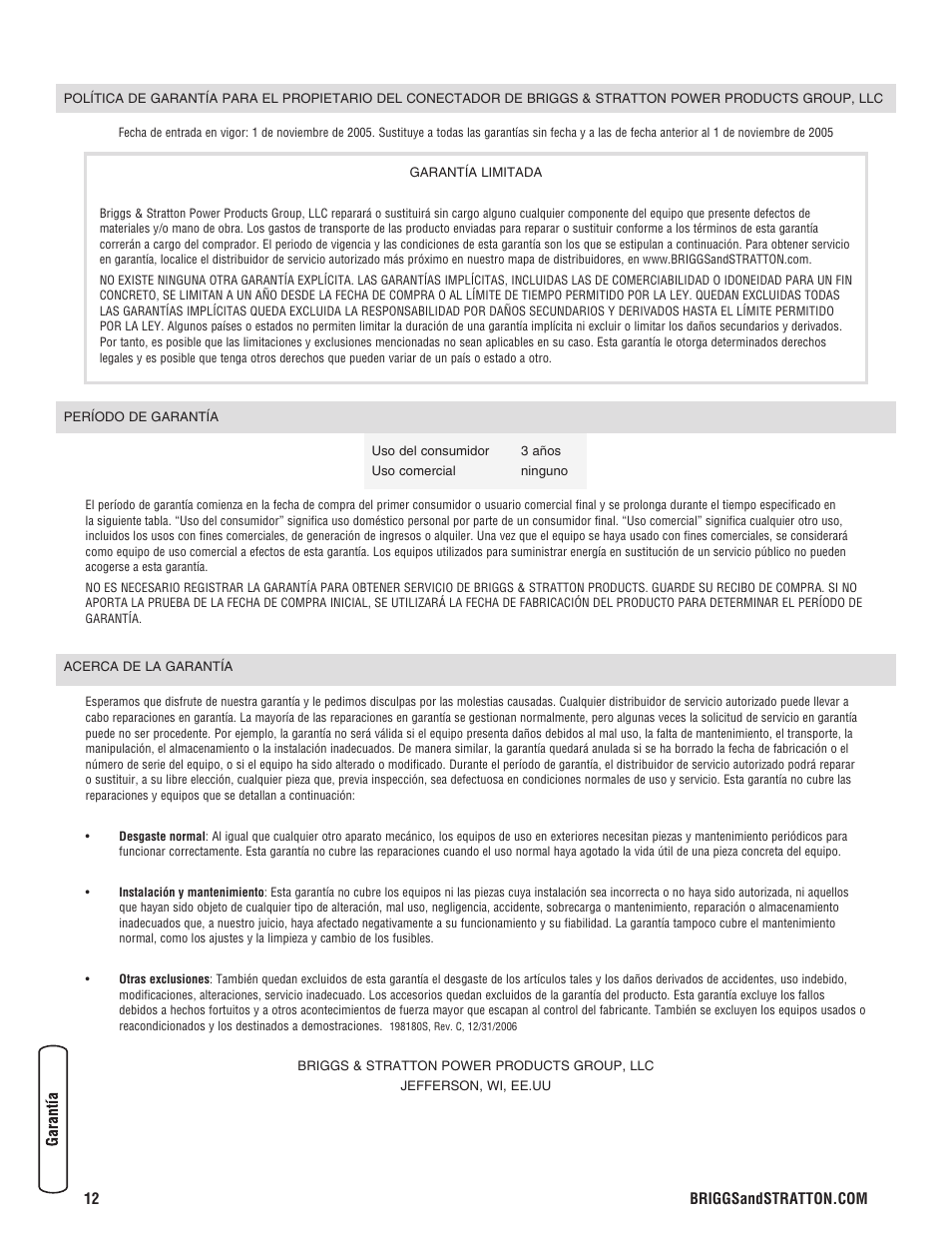 Garantia | Briggs & Stratton NEMA 3R User Manual | Page 28 / 40