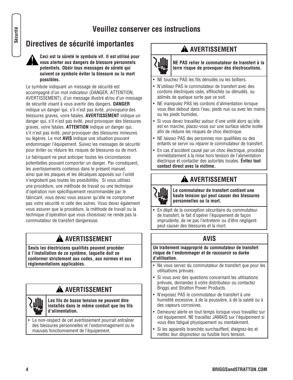 Directives de sécurité importantes, Veuillez conserver ces instructions, Avertissement | Avis | Briggs & Stratton NEMA 3R User Manual | Page 32 / 40