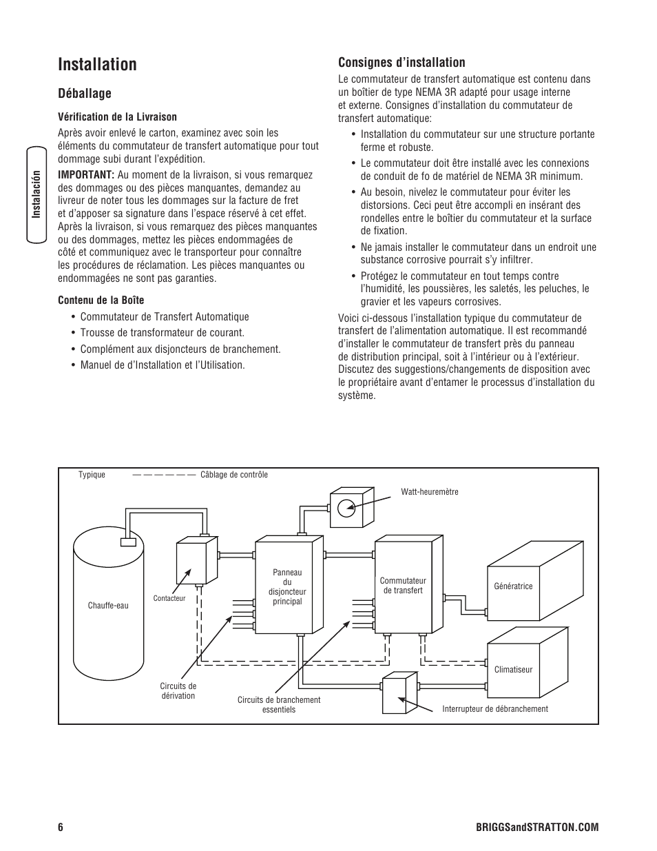 Installation, Déballage, Consignes d’installation | Briggs & Stratton NEMA 3R User Manual | Page 34 / 40