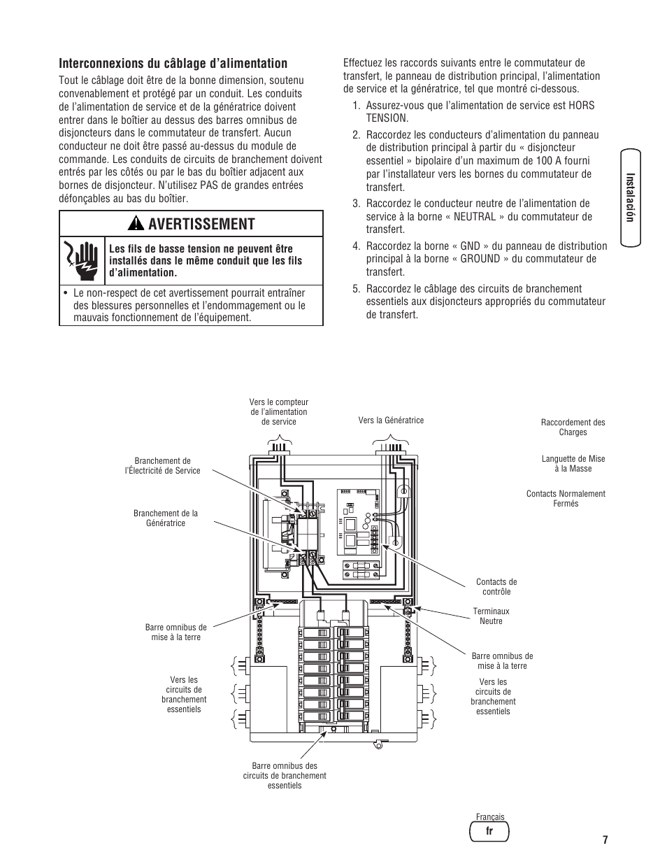 Avertissement, Interconnexions du câblage d’alimentation | Briggs & Stratton NEMA 3R User Manual | Page 35 / 40