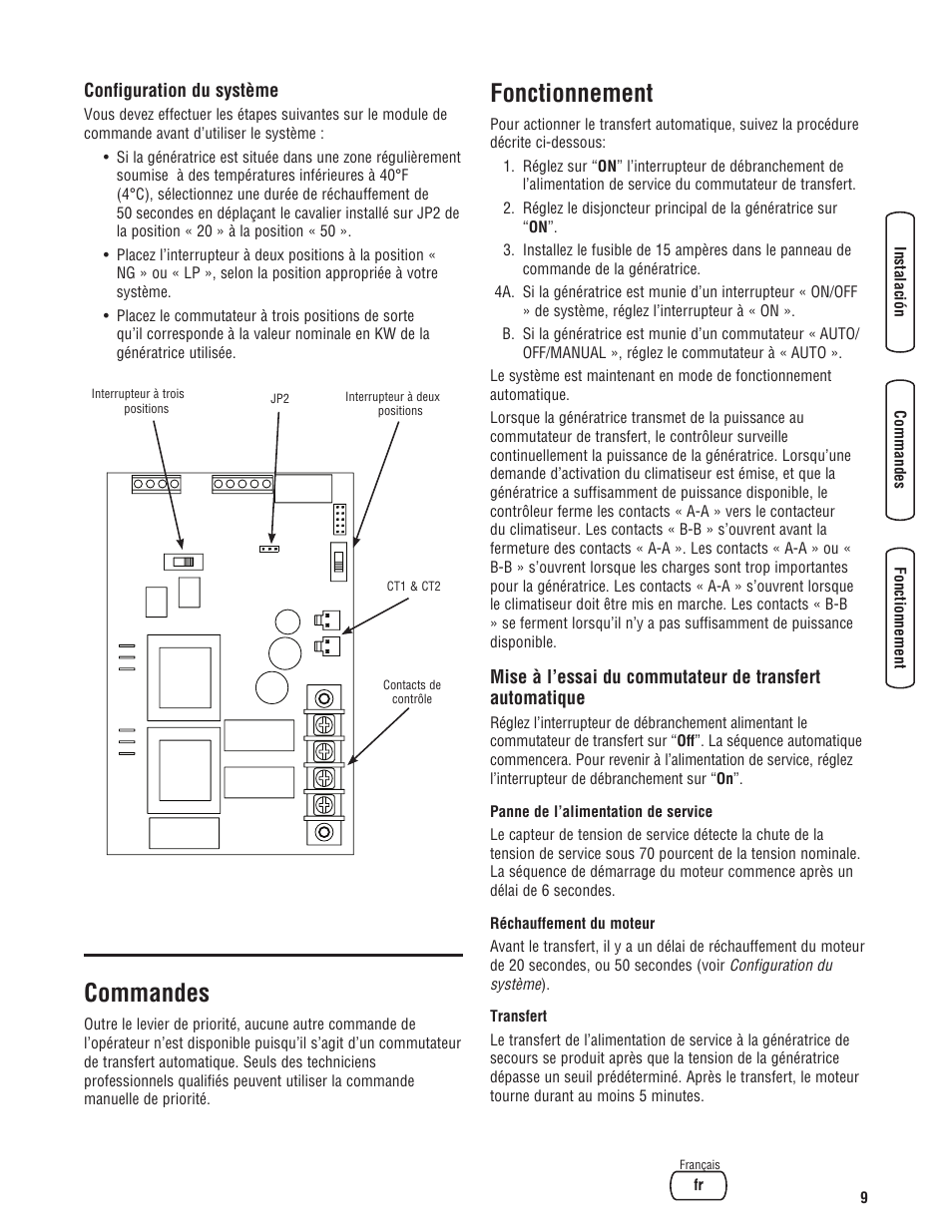 Commandes, Fonctionnement | Briggs & Stratton NEMA 3R User Manual | Page 37 / 40