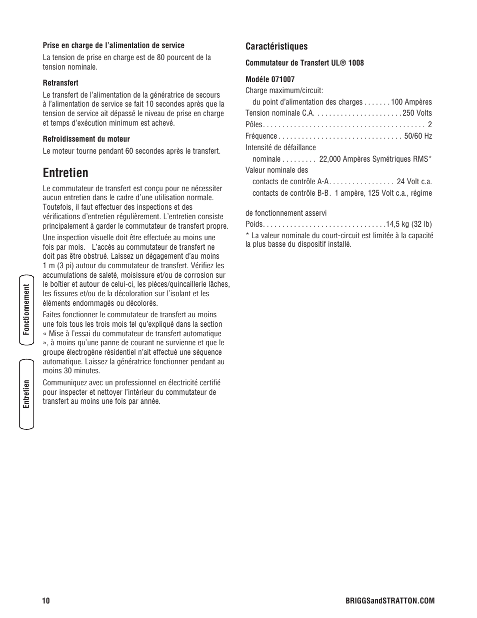 Entretien | Briggs & Stratton NEMA 3R User Manual | Page 38 / 40