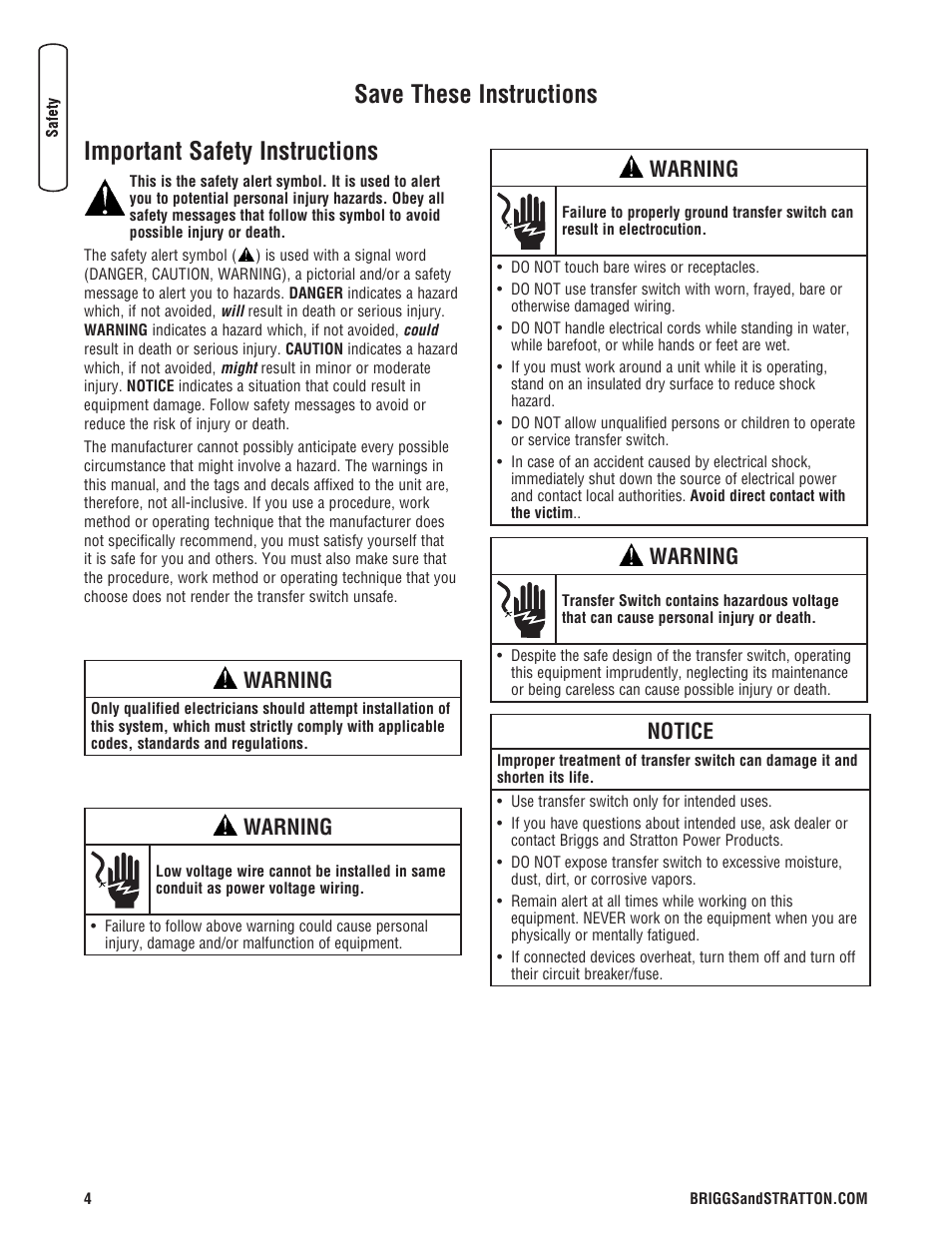 Important safety instructions, Save these instructions, Warning | Notice | Briggs & Stratton NEMA 3R User Manual | Page 4 / 40
