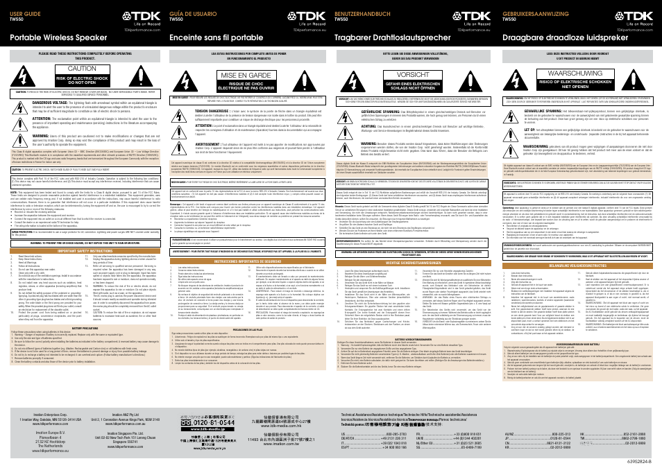 Portable wireless speaker, Draagbare draadloze luidspreker, Mise en garde | Vorsicht, Caution, Waarschuwing, Guía de usuario benutzerhandbuch, User guide, Gebruikersaanwijzing | TDK TW550 User Manual | Page 3 / 8
