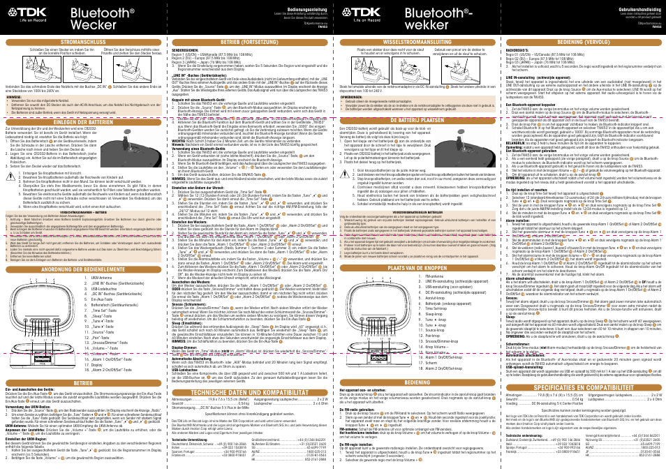 Bluetooth, Wecker, Wekker | Technische daten und kompatibilität, Specificaties en compatibiliteit | TDK TW453 BT Alarm Clock User Manual | Page 2 / 6