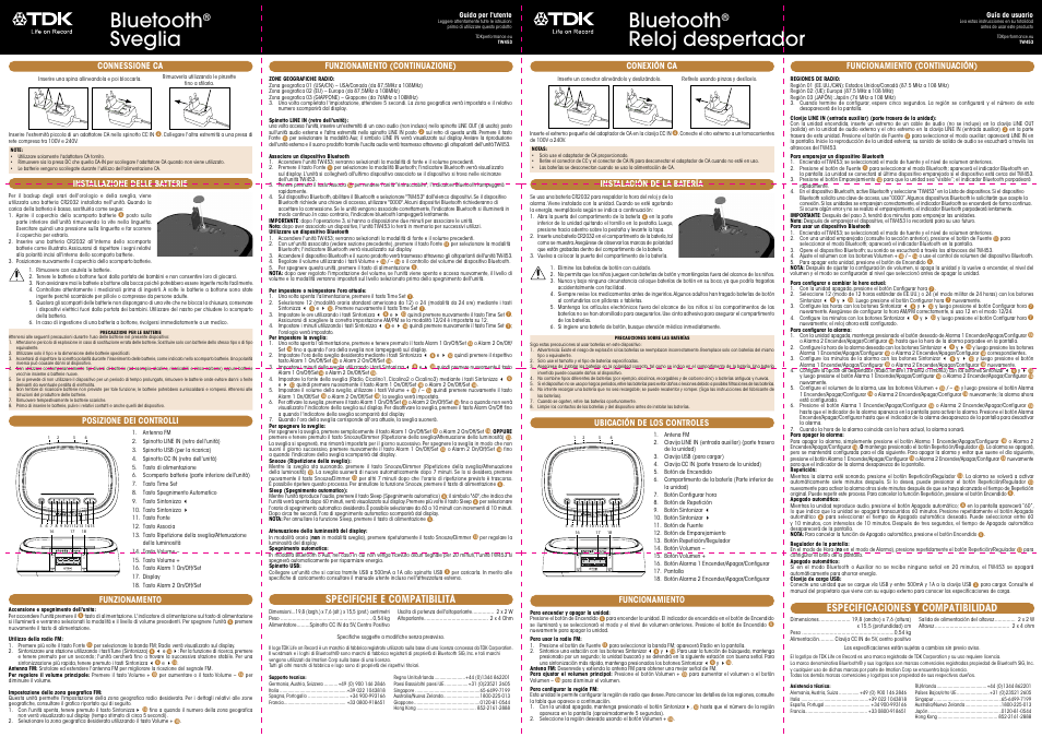 Bluetooth, Sveglia, Reloj despertador | Specifiche e compatibilità, Especificaciones y compatibilidad | TDK TW453 BT Alarm Clock User Manual | Page 3 / 6