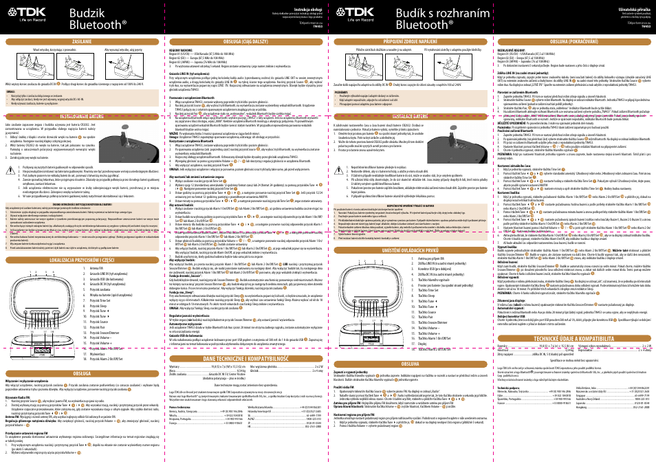 Budík s rozhraním bluetooth, Budzik bluetooth, Technické údaje a kompatibilita | Dane techniczne i kompatybilność | TDK TW453 BT Alarm Clock User Manual | Page 5 / 6
