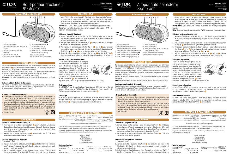 Haut-parleur d’extérieur bluetooth, Altoparlante per esterni bluetooth | TDK TW234 User Manual | Page 2 / 6