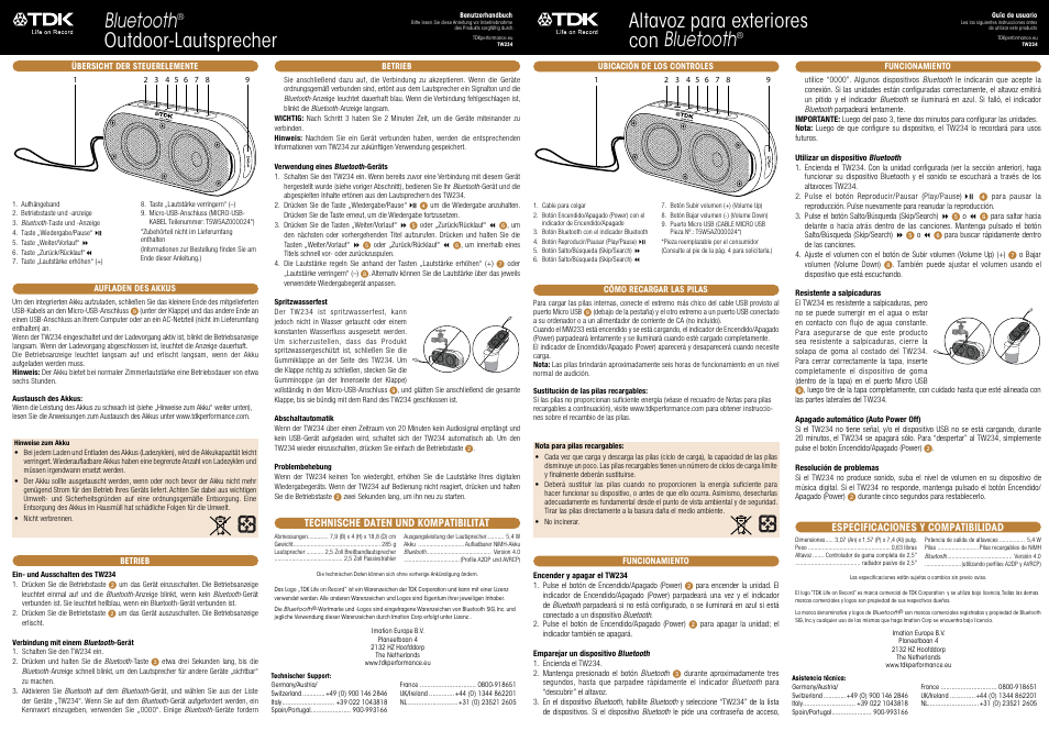 Bluetooth, Outdoor-lautsprecher, Altavoz para exteriores con bluetooth | TDK TW234 User Manual | Page 3 / 6