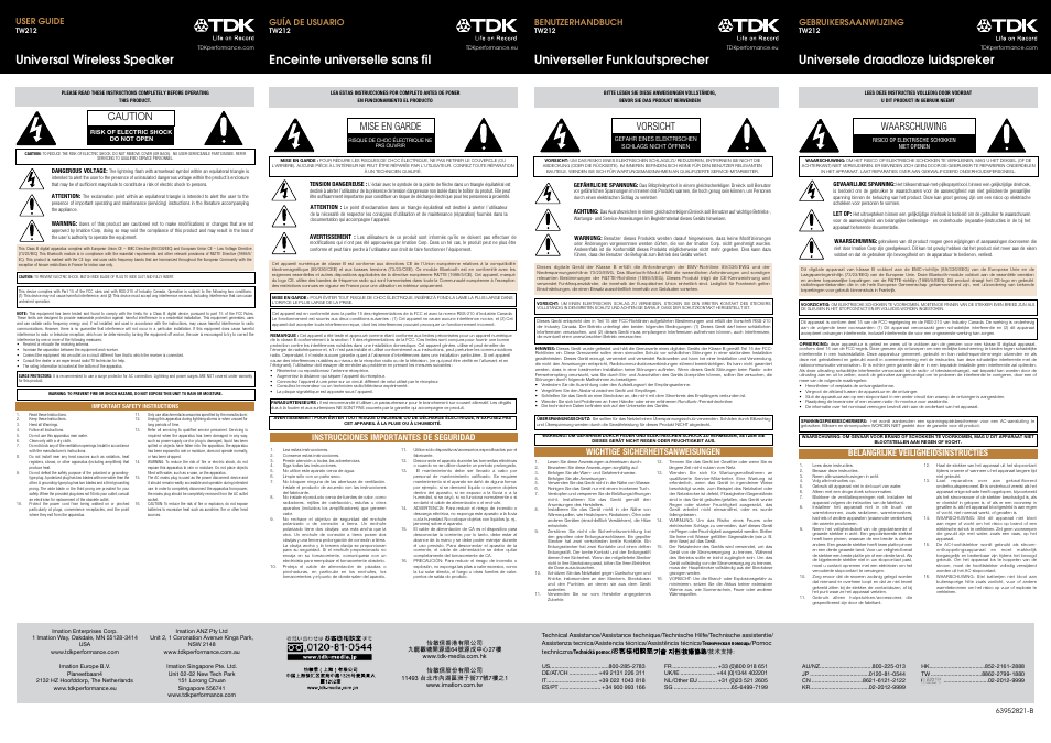 Enceinte universelle sans fil, Universele draadloze luidspreker, Mise en garde vorsicht | Caution, Waarschuwing, Guía de usuario benutzerhandbuch, Instrucciones importantes de seguridad, Wichtige sicherheitsanweisungen, User guide, Gebruikersaanwijzing | TDK TW212 User Manual | Page 3 / 8