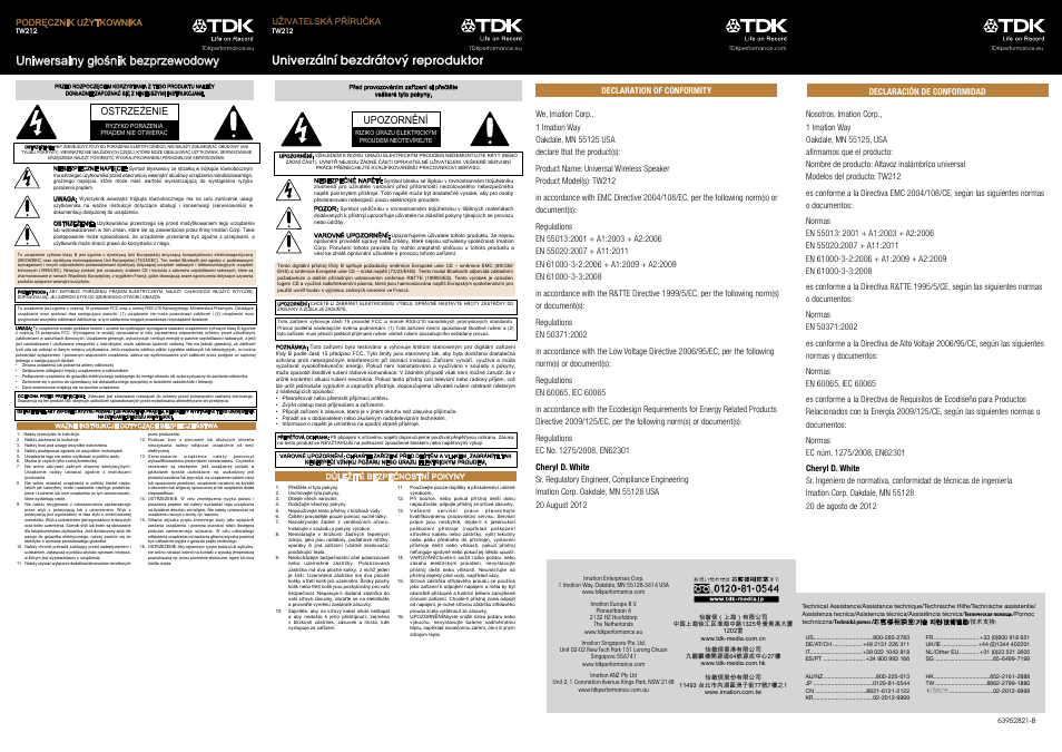 Uniwersalny głośnik bezprzewodowy, Univerzální bezdrátový reproduktor, Ostrzeżenie | Upozornění | TDK TW212 User Manual | Page 5 / 8