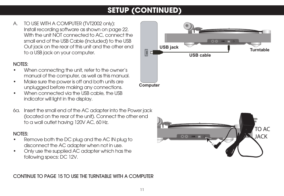 Setup (continued) | TDK TVT1001 User Manual | Page 11 / 36