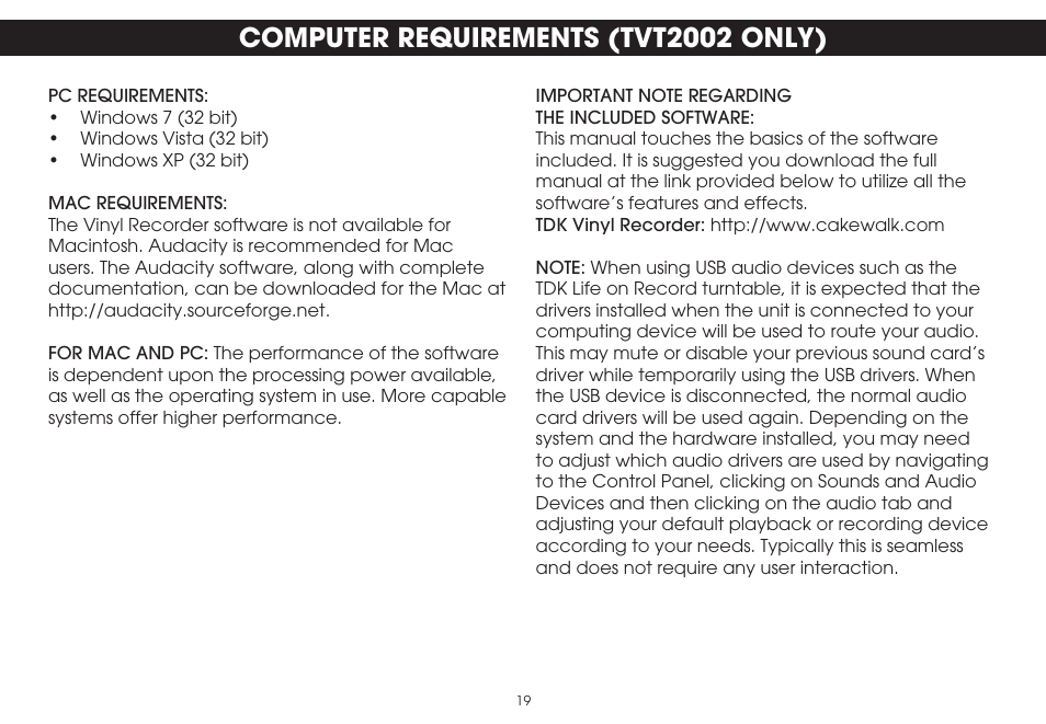 Computer requirements (tvt2002 only) | TDK TVT1001 User Manual | Page 19 / 36
