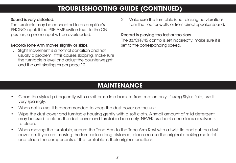 Troubleshooting guide (continued) maintenance | TDK TVT1001 User Manual | Page 31 / 36