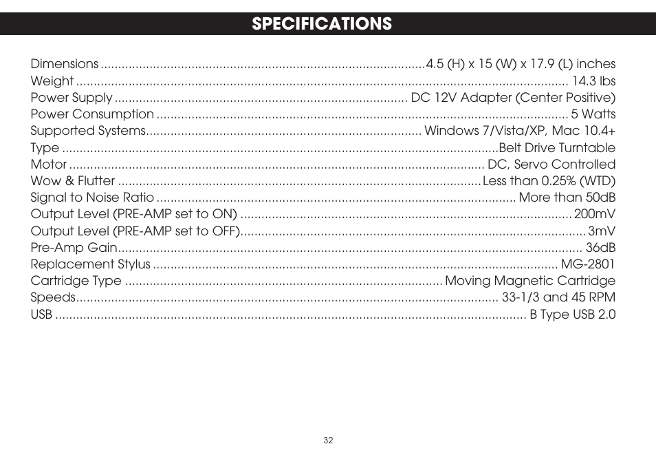 Specifications | TDK TVT1001 User Manual | Page 32 / 36
