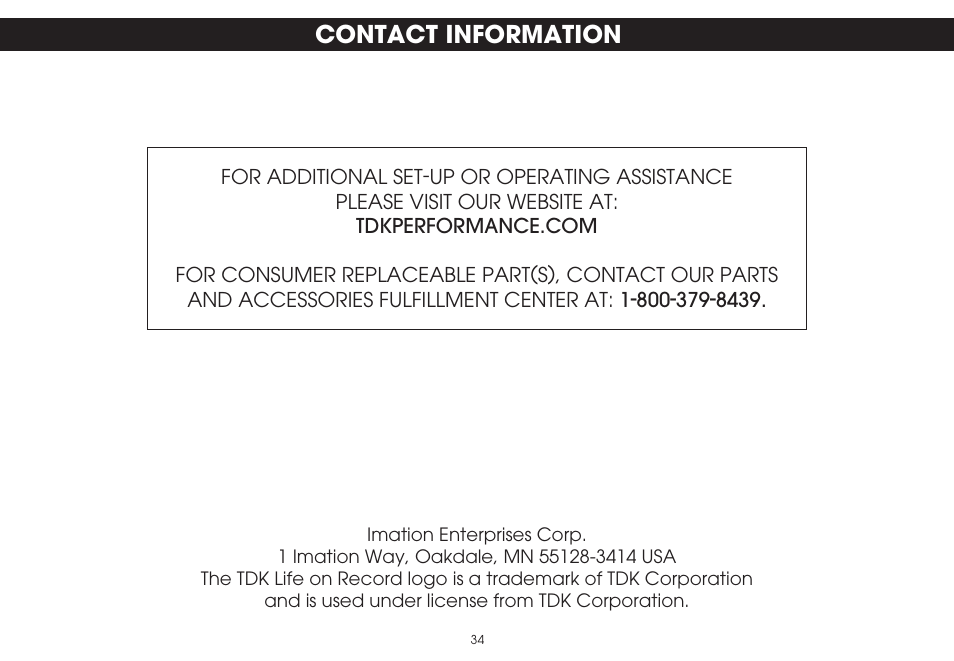 Contact information | TDK TVT1001 User Manual | Page 34 / 36
