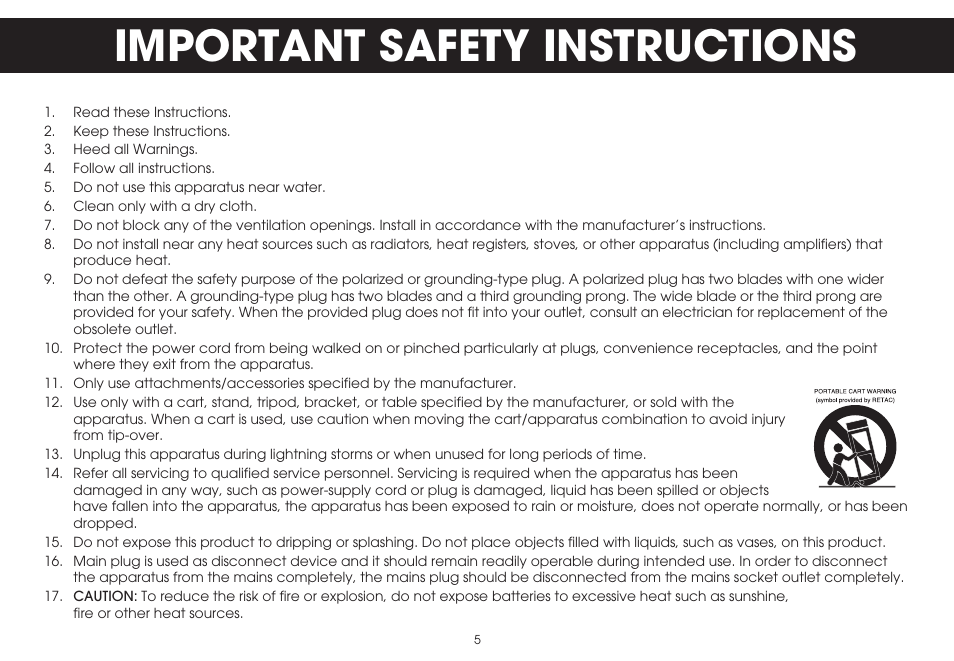Important safety instructions | TDK TVT1001 User Manual | Page 5 / 36