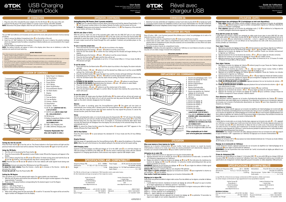 TDK TCC8431 USB Charging Alarm Clock User Manual | 6 pages