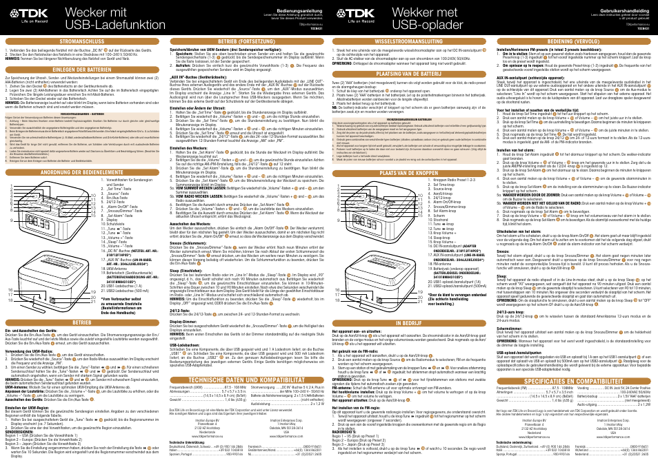 Wecker mit usb-ladefunktion, Wekker met usb-oplader, Technische daten und kompatibilität | Specificaties en compatibiliteit | TDK TCC8431 USB Charging Alarm Clock User Manual | Page 2 / 6