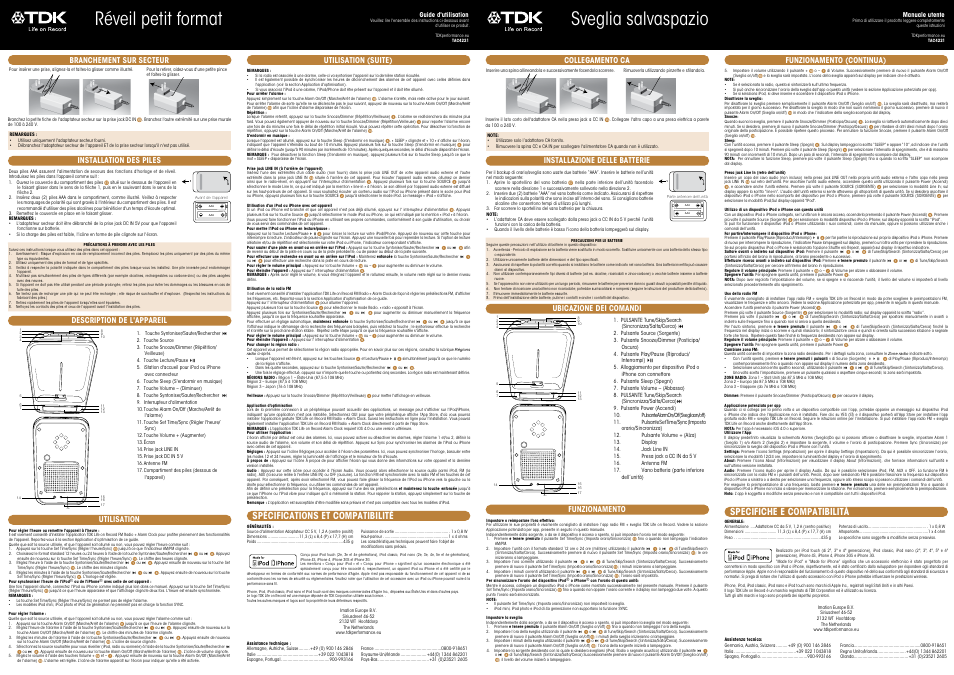 Réveil petit format, Sveglia salvaspazio, Spécifications et compatibilité | Specifiche e compatibilità, Utilisation, Utilisation (suite), Funzionamento, Funzionamento (continua) | TDK TAC4221 Space Saving Alarm Clock User Manual | Page 2 / 6