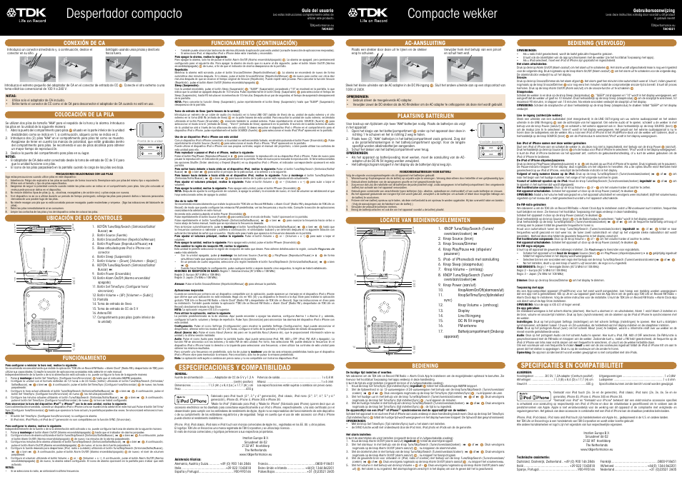 Despertador compacto, Compacte wekker, Especificaciones y compatibilidad | Specificaties en compatibiliteit, Funcionamiento, Funcionamiento (continuación), Conexión de ca ubicación de los controles, Colocación de la pila, Bediening, Bediening (vervolgd) | TDK TAC4221 Space Saving Alarm Clock User Manual | Page 3 / 6