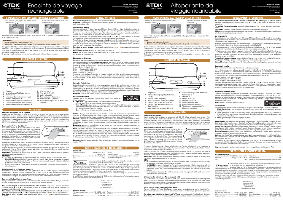 Enceinte de voyage rechargeable, Altoparlante da viaggio ricaricabile, Spécifications et compatibilité | Specifiche e compatibilità | TDK TAC3521 FM Radio + Alarm Clock App User Manual | Page 2 / 5