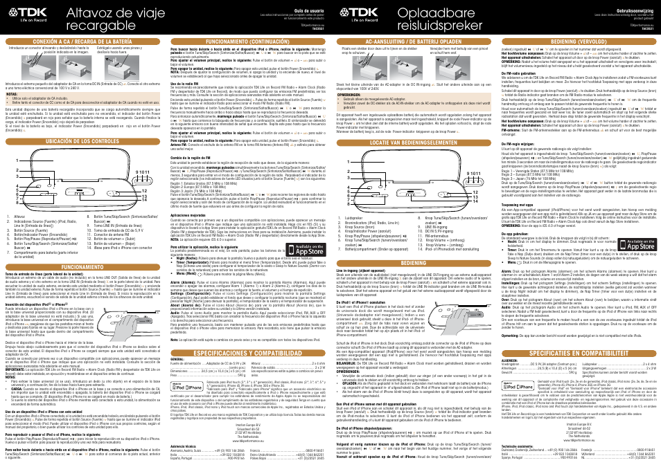 Altavoz de viaje recargable, Oplaadbare reisluidspreker, Especificaciones y compatibilidad | Specificaties en compatibiliteit | TDK TAC3521 FM Radio + Alarm Clock App User Manual | Page 3 / 5