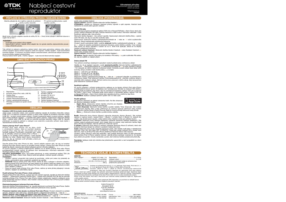 Nabíjecí cestovní reproduktor, Technické údaje a kompatibilita | TDK TAC3521 FM Radio + Alarm Clock App User Manual | Page 5 / 5