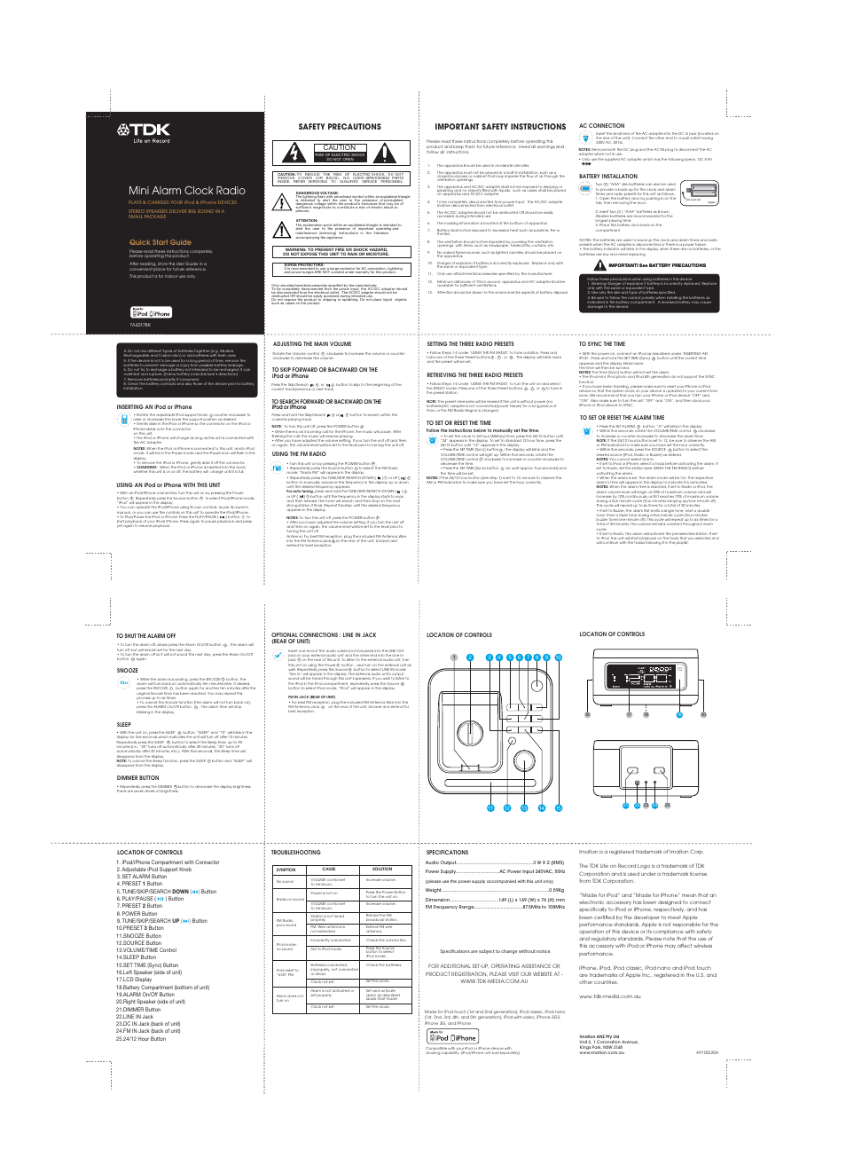 TDK TA4217 Clock Radio User Manual | 1 page