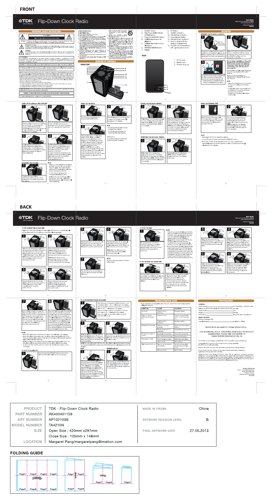 TDK TA4210 Flip-Down Clock Radio User Manual | 1 page