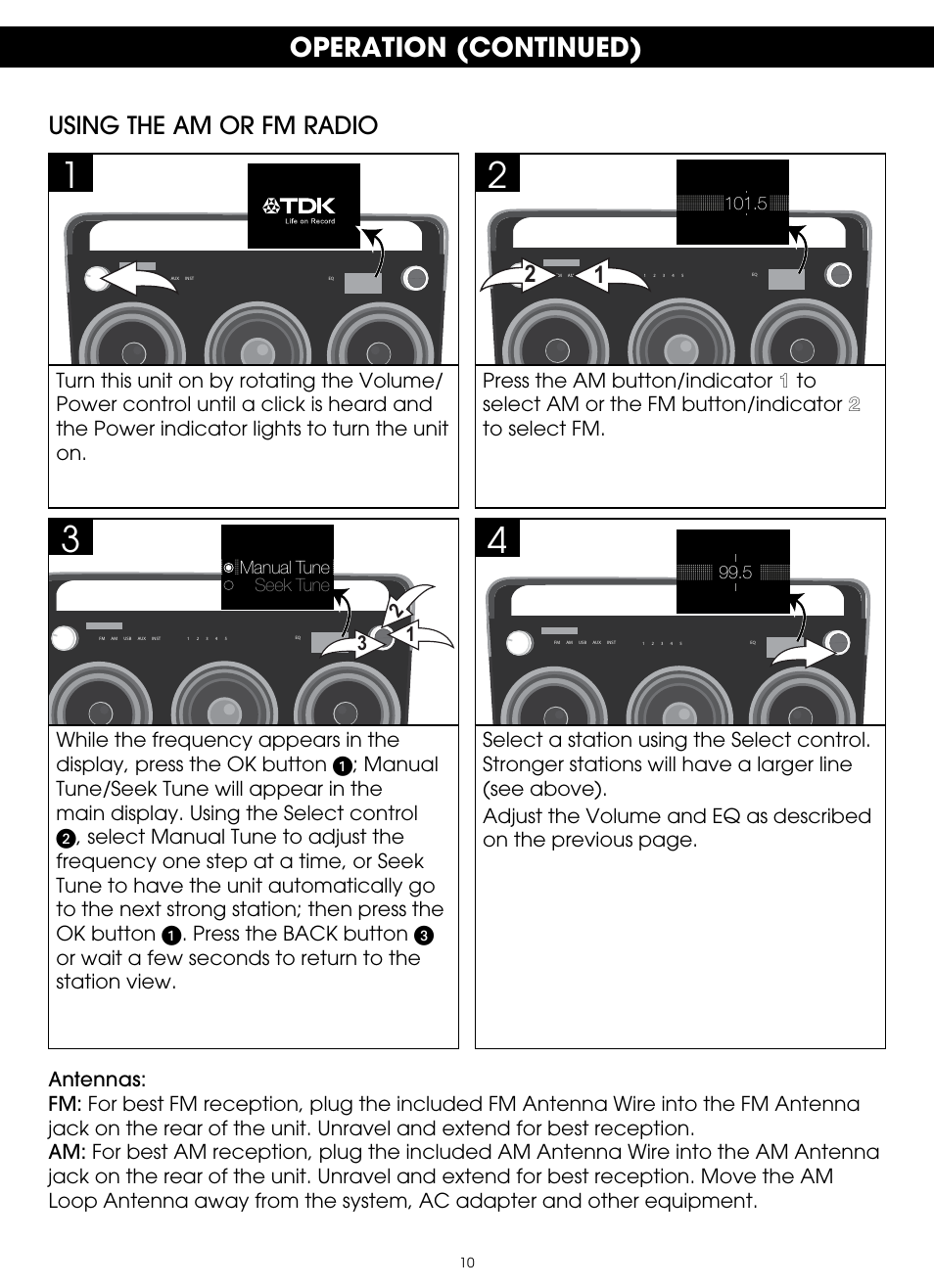 Operation (continued), Using the am or fm radio | TDK TP6803 3 Speaker Boombox User Manual | Page 10 / 78