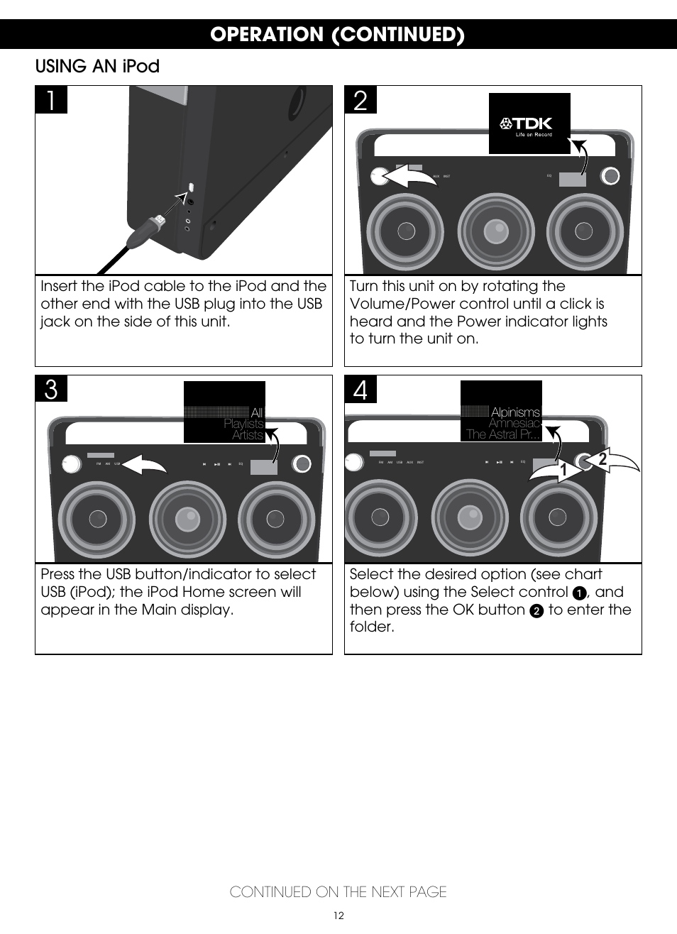 Operation (continued), Using an ipod | TDK TP6803 3 Speaker Boombox User Manual | Page 12 / 78