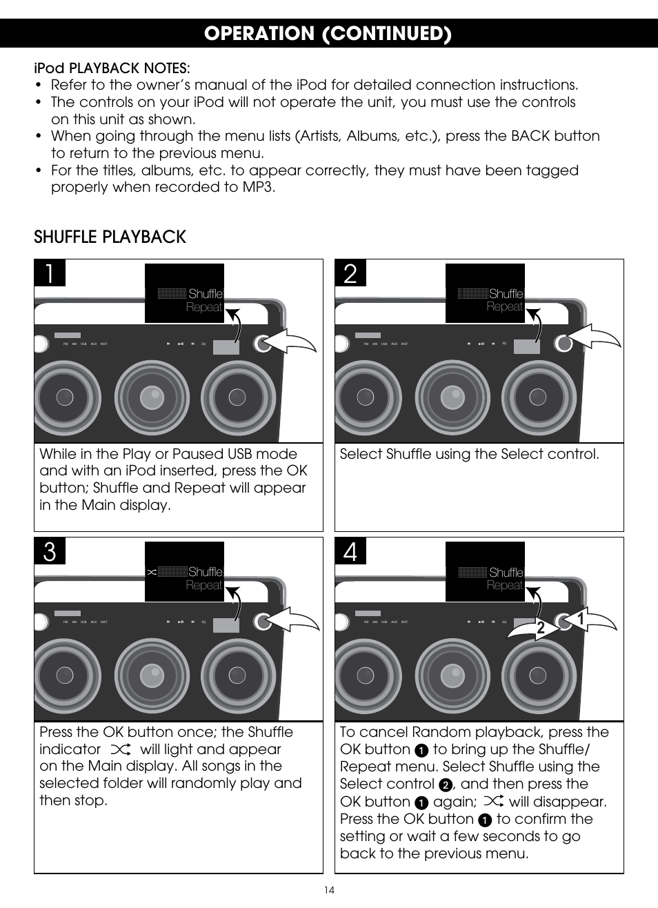 Operation (continued), Shuffle playback | TDK TP6803 3 Speaker Boombox User Manual | Page 14 / 78