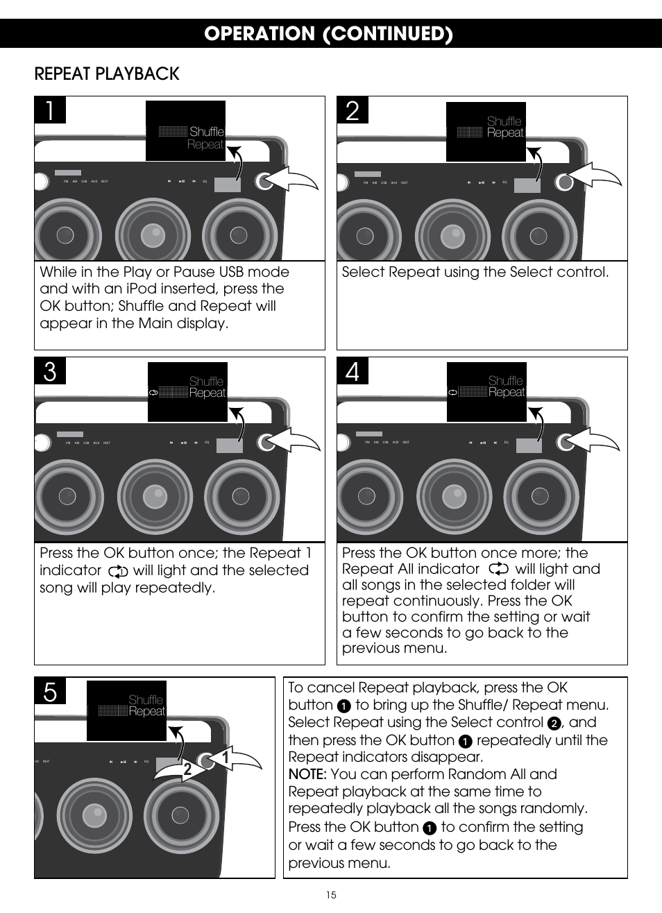 Operation (continued), Repeat playback | TDK TP6803 3 Speaker Boombox User Manual | Page 15 / 78