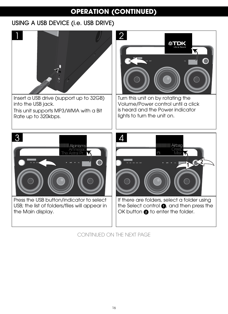 Operation (continued), Using a usb device (i.e. usb drive) | TDK TP6803 3 Speaker Boombox User Manual | Page 16 / 78