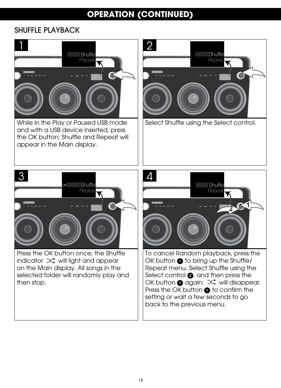 Operation (continued), Shuffle playback | TDK TP6803 3 Speaker Boombox User Manual | Page 18 / 78