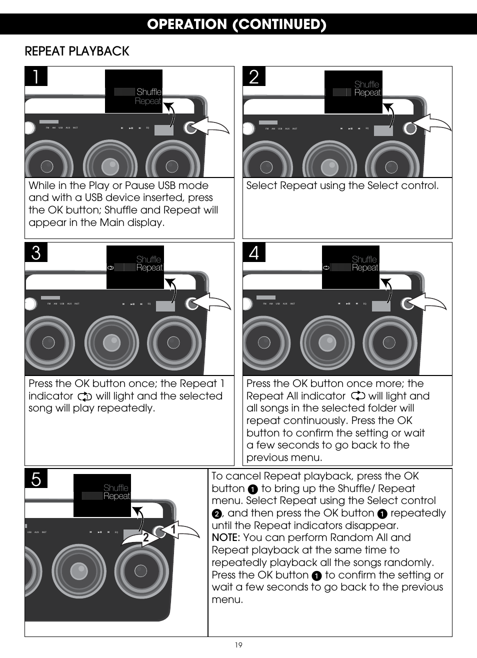 Operation (continued), Repeat playback | TDK TP6803 3 Speaker Boombox User Manual | Page 19 / 78