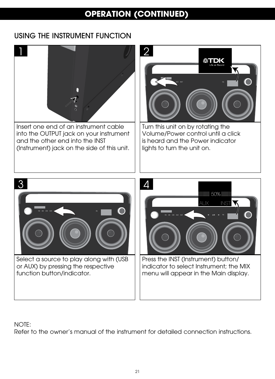 Operation (continued), Using the instrument function | TDK TP6803 3 Speaker Boombox User Manual | Page 21 / 78
