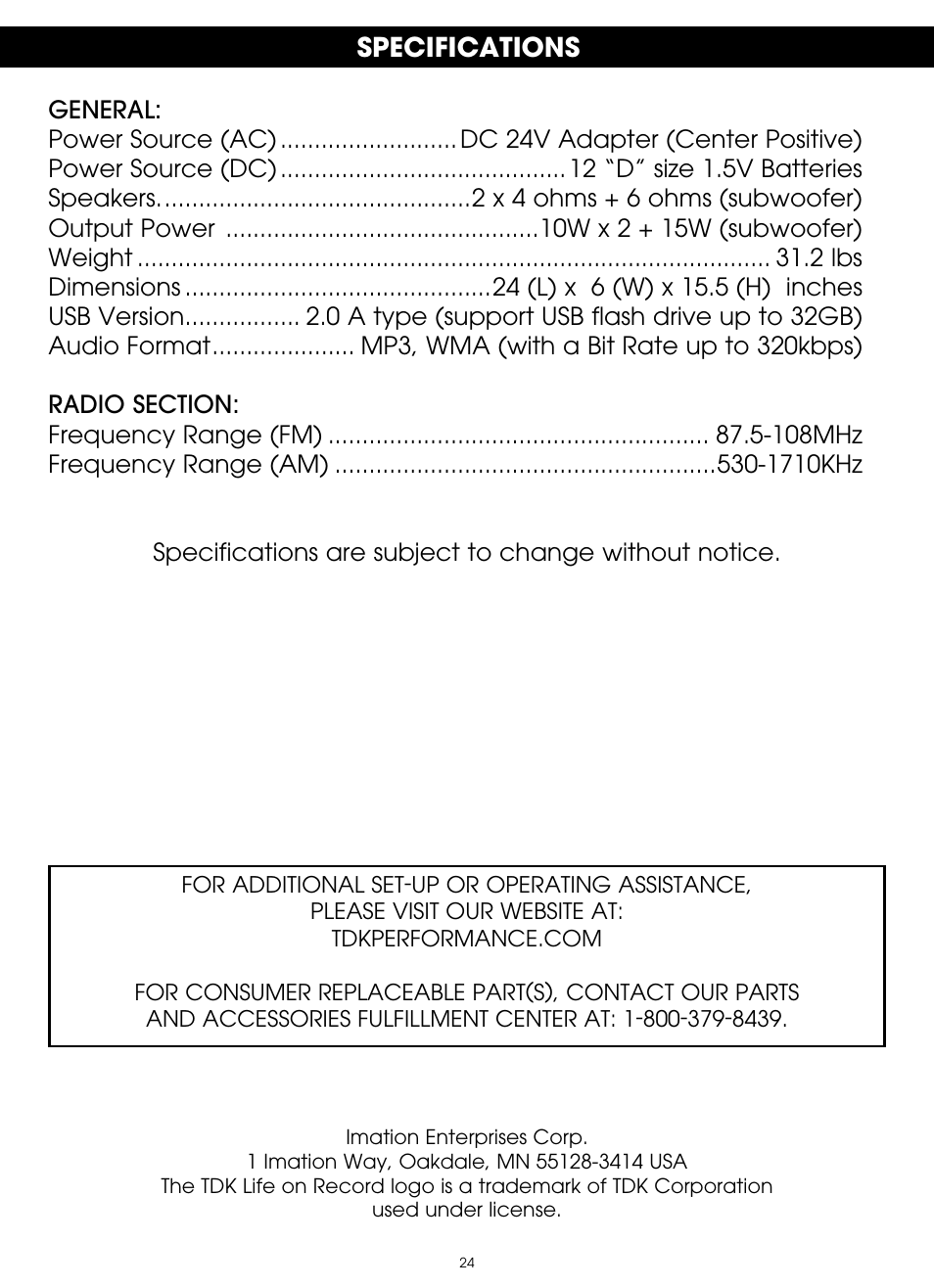 Specifications | TDK TP6803 3 Speaker Boombox User Manual | Page 24 / 78