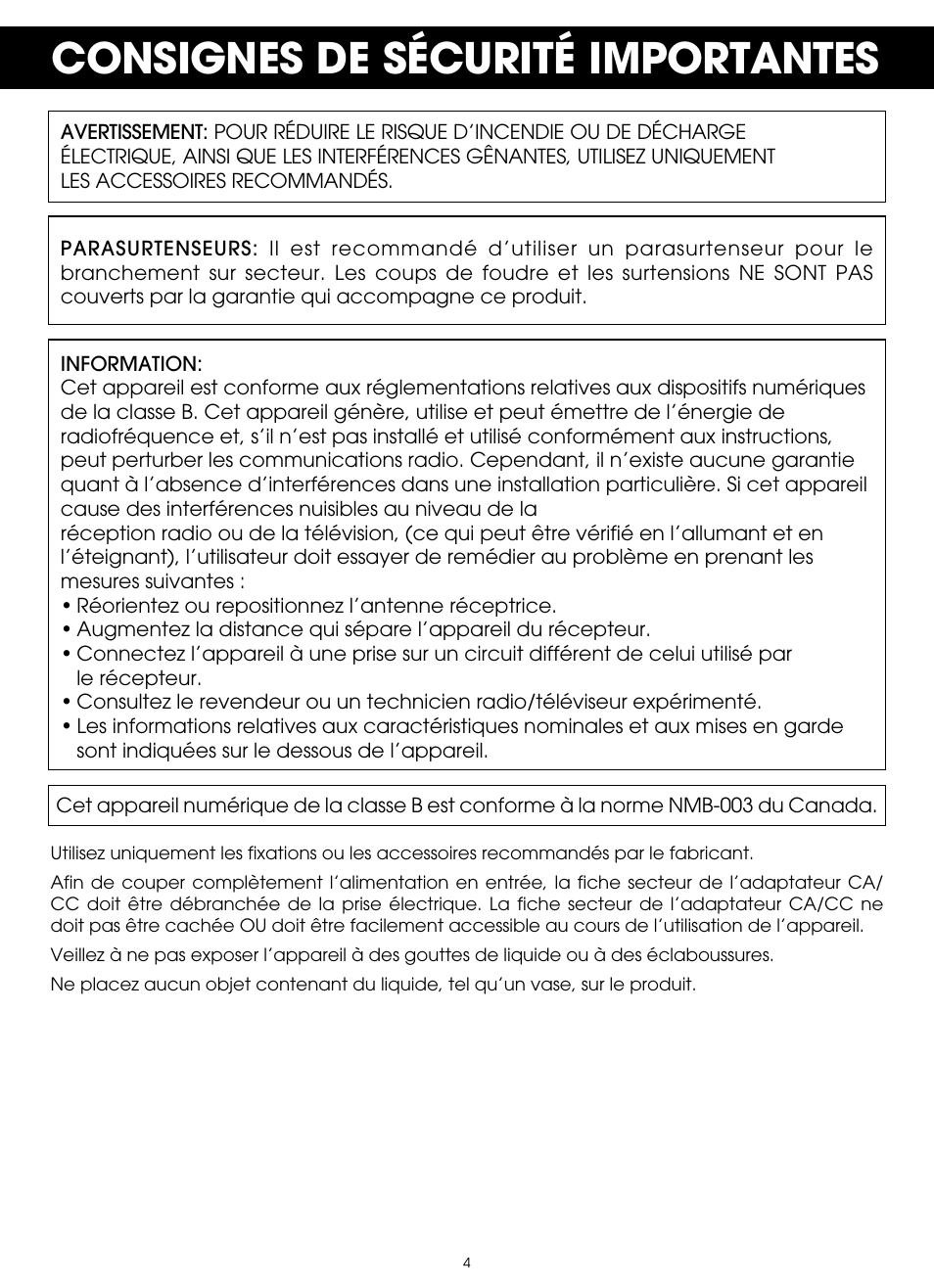 Consignes de sécurité importantes | TDK TP6803 3 Speaker Boombox User Manual | Page 30 / 78