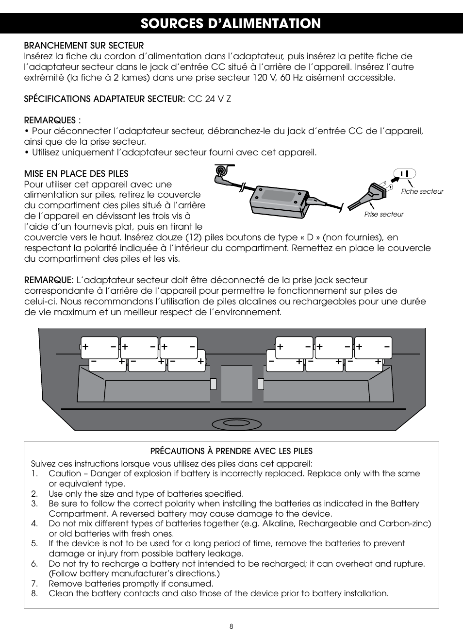 Sources d’alimentation | TDK TP6803 3 Speaker Boombox User Manual | Page 34 / 78