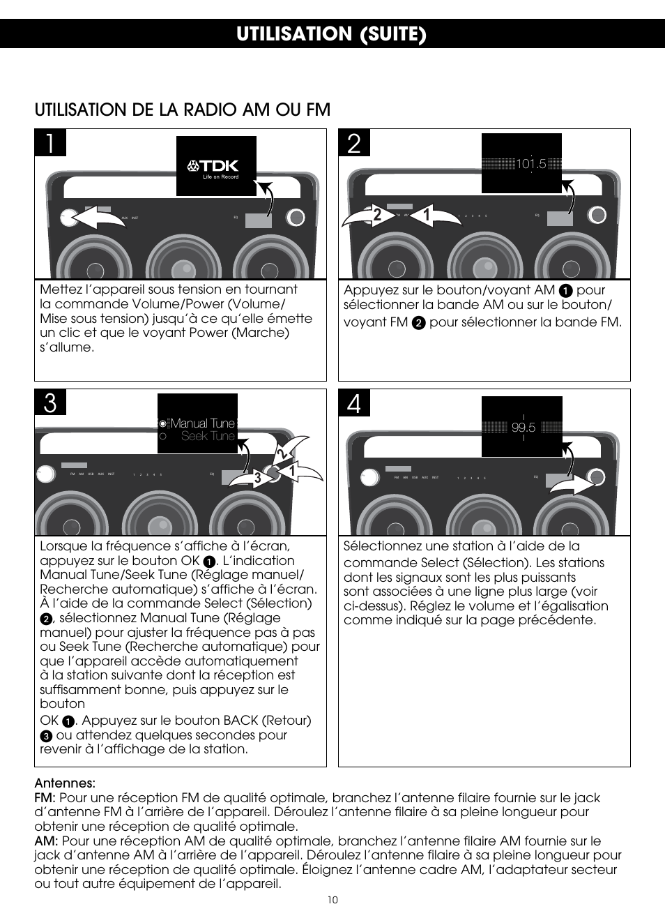 Utilisation (suite), Utilisation de la radio am ou fm | TDK TP6803 3 Speaker Boombox User Manual | Page 36 / 78