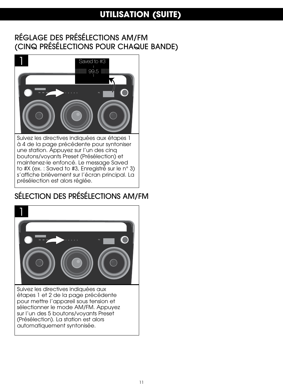 Utilisation (suite), Sélection des présélections am/fm | TDK TP6803 3 Speaker Boombox User Manual | Page 37 / 78