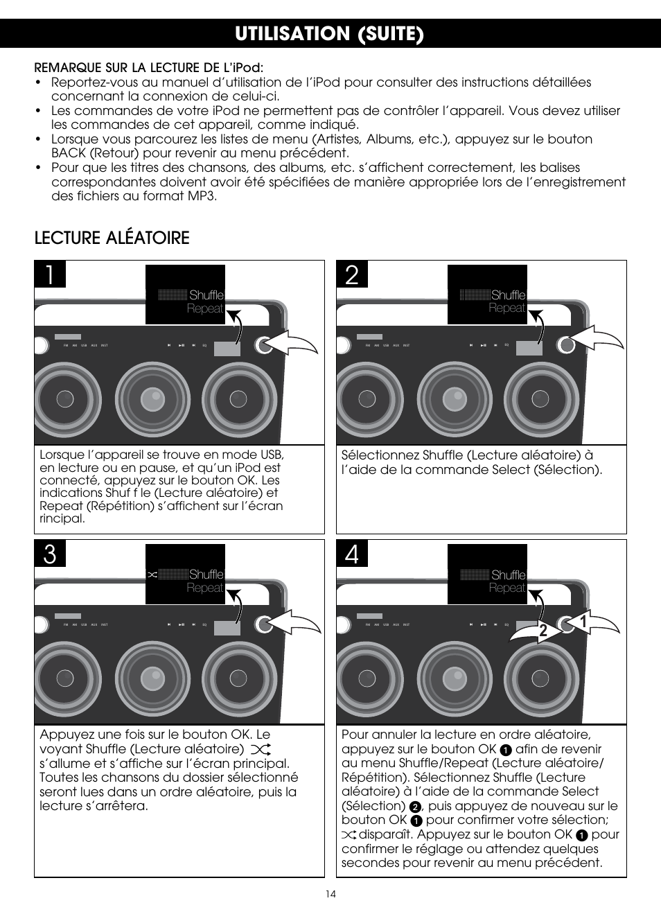 Utilisation (suite), Lecture aléatoire | TDK TP6803 3 Speaker Boombox User Manual | Page 40 / 78