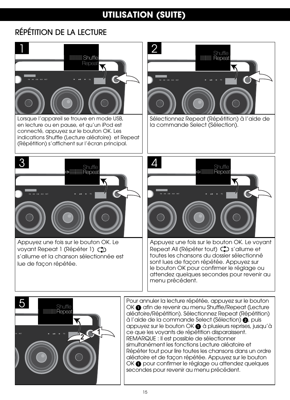 Utilisation (suite), Répétition de la lecture | TDK TP6803 3 Speaker Boombox User Manual | Page 41 / 78