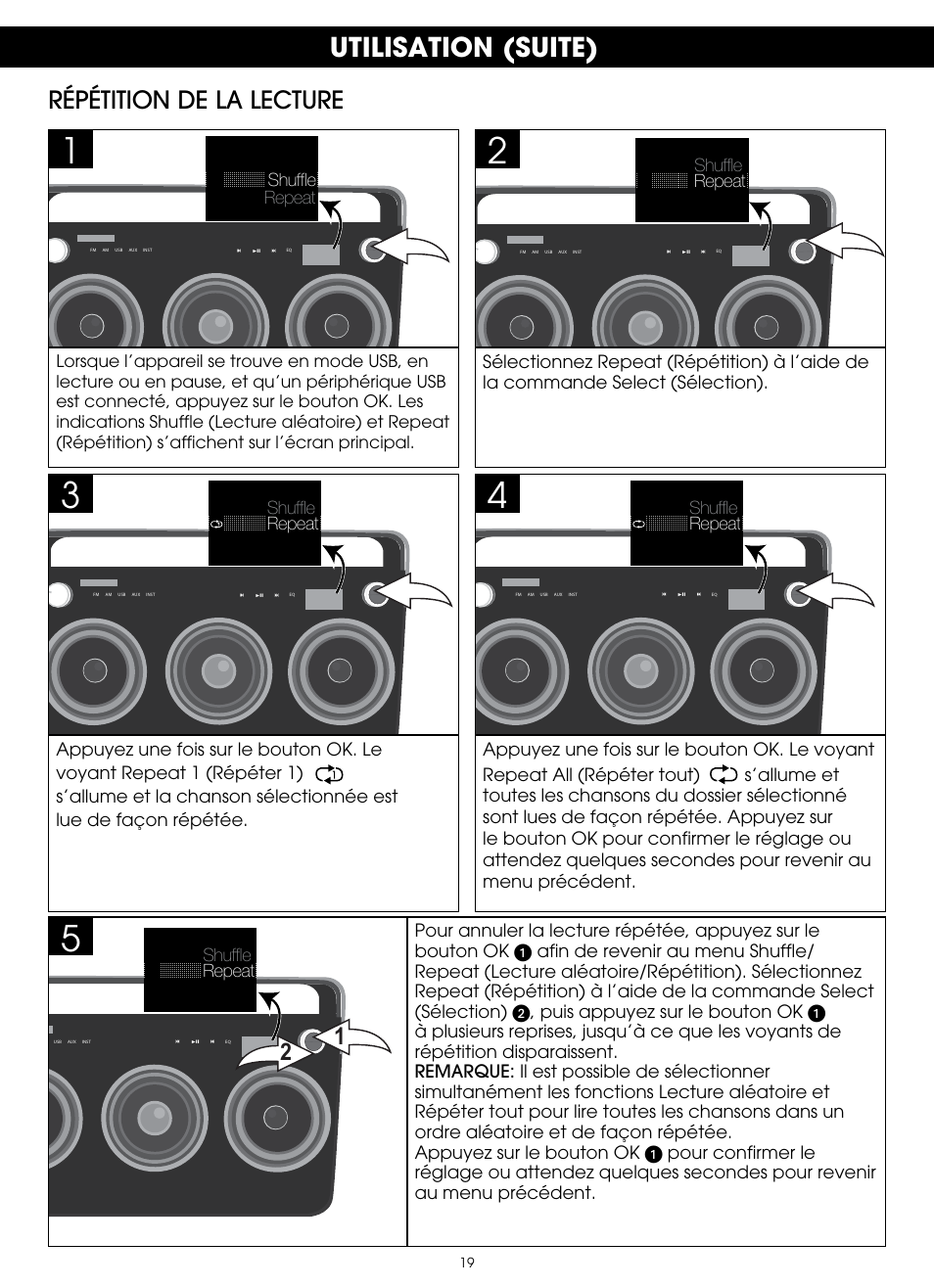 Utilisation (suite), Répétition de la lecture | TDK TP6803 3 Speaker Boombox User Manual | Page 45 / 78