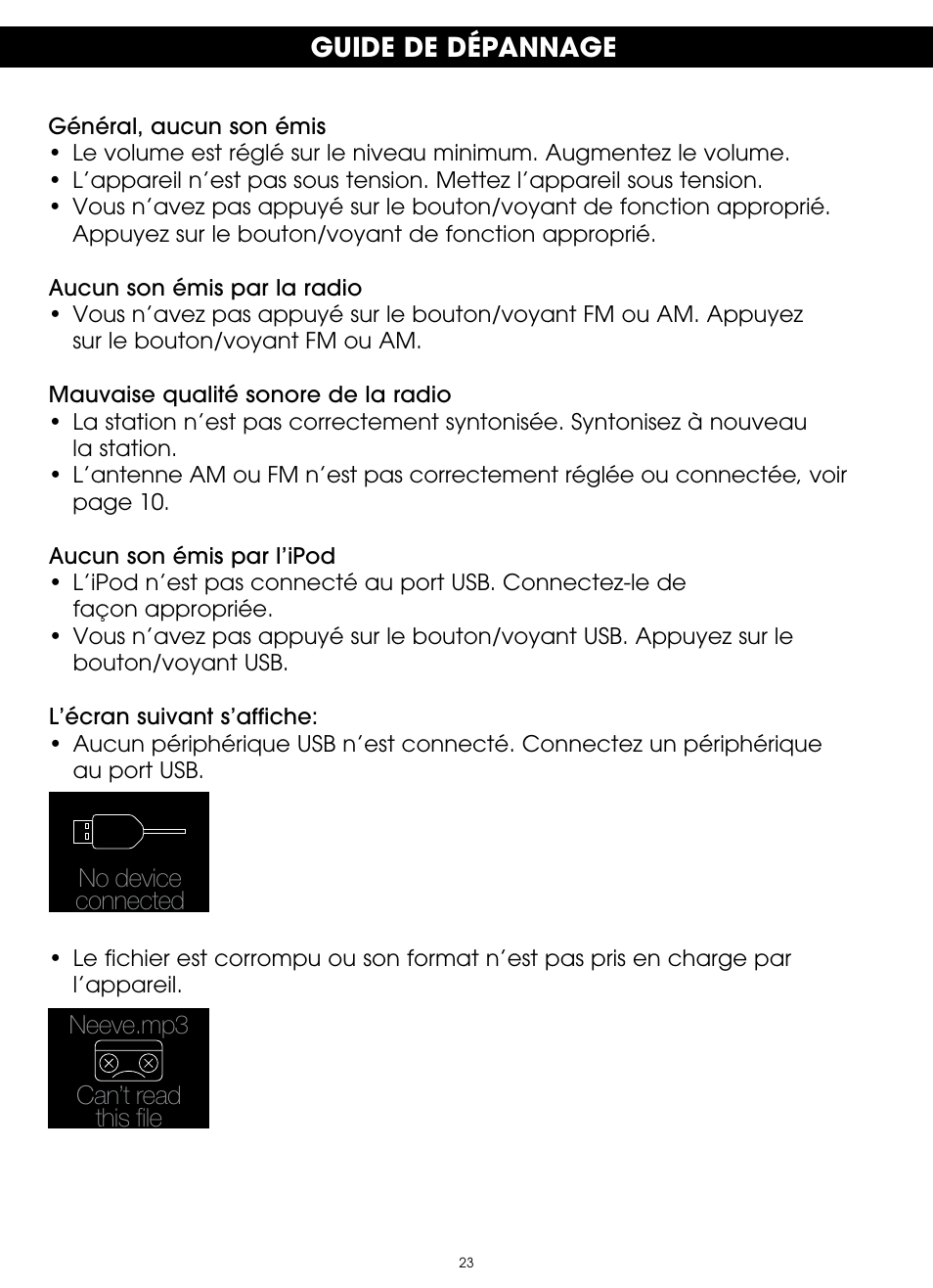 Guide de dépannage | TDK TP6803 3 Speaker Boombox User Manual | Page 49 / 78